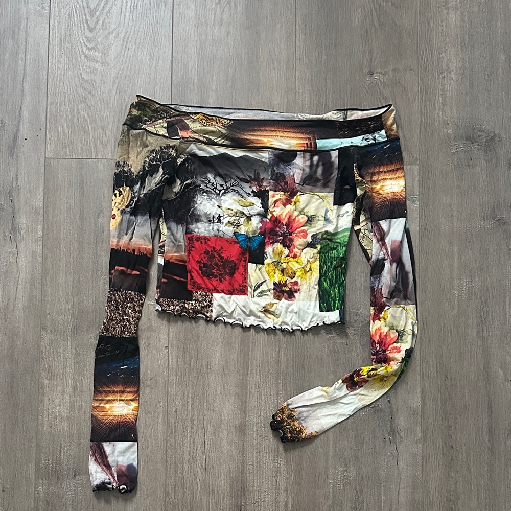 Multi-Color Patchwork Long Sleeve Crop Top